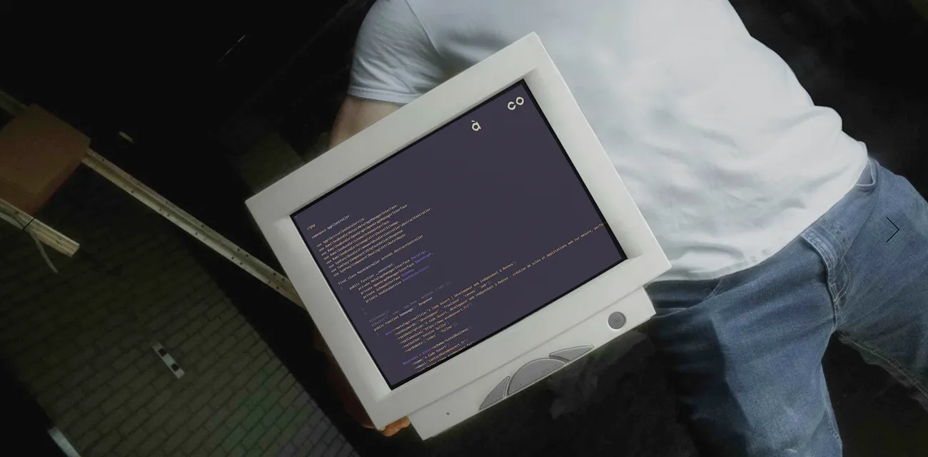 Image représentant un homme tenant dans ses bras un ordinateur rétro affichant des ligne de code